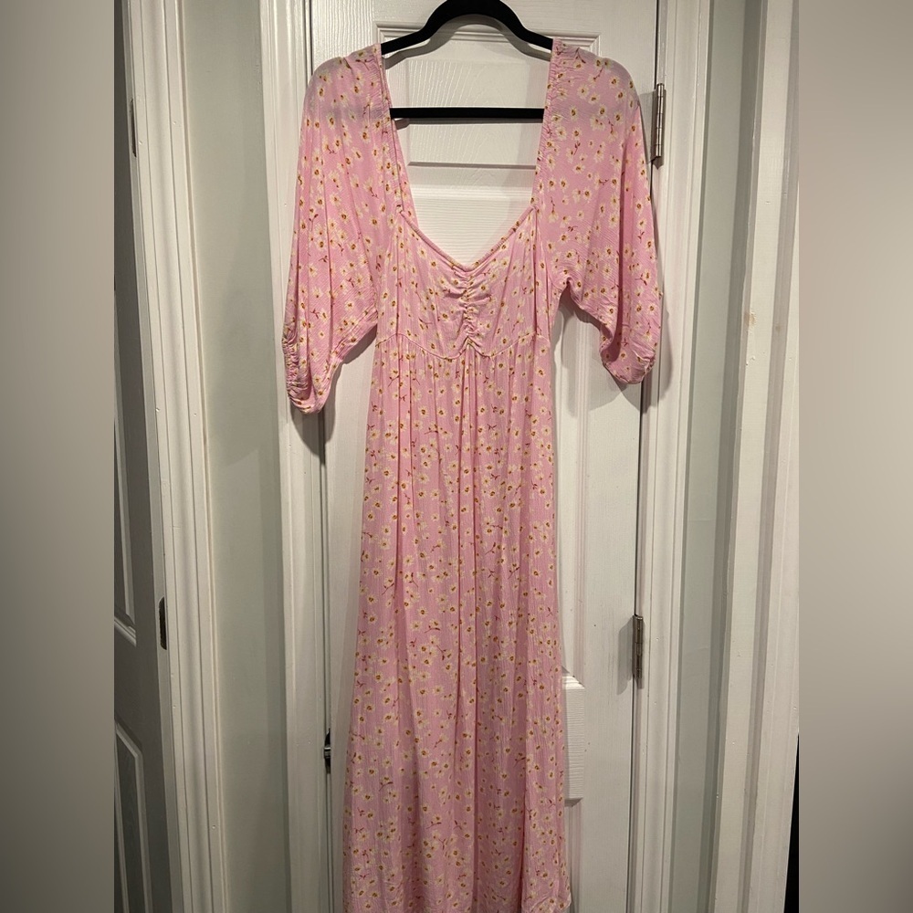 Billabong Size S Pink Floral Maxi Dress Prairie Cottagecore Ruched Bust Boho